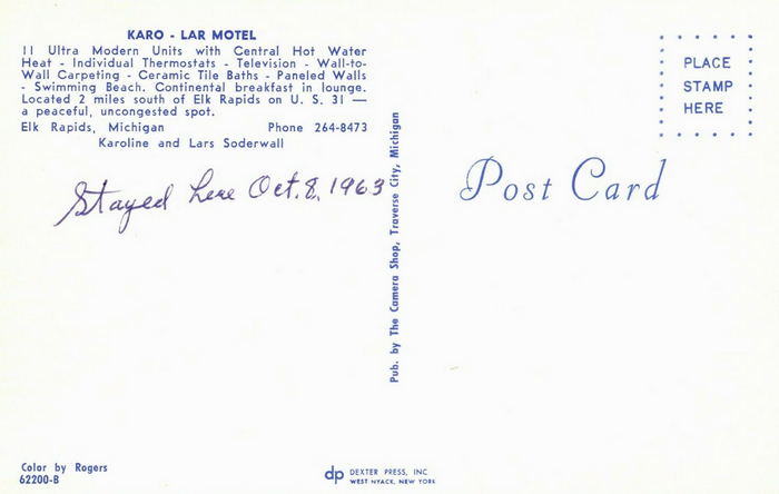 Karo-Lar Motel (Elk Rapids Lakeshore Inn) - Old Postcard